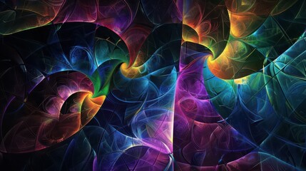 Wall Mural - futuristic geometric fractal patterns vibrant neon colors against dark background infinite repeating shapes digital art for web design