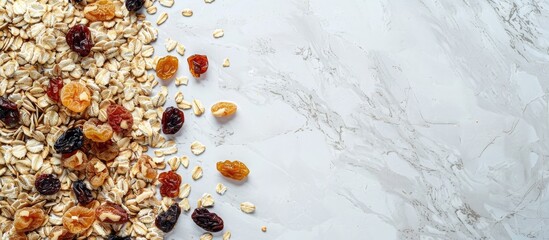 Poster - Breakfast idea with raisins, oats, and candied fruit ingredients displayed on a copy space image.