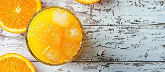 Aufkleber - Top view of a refreshing orange summer drink with ice on a white wooden surface with a blank area for text or images.