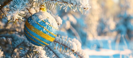 Poster - A blue and yellow Christmas ball with tinsel is hanging on a real pine tree in a snow-covered forest on a sunny day, creating a festive card with copy space image for New Year's greetings.