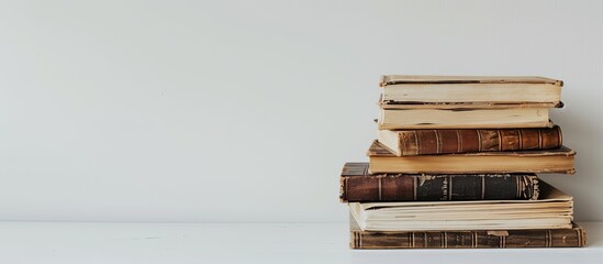 Poster - Books stacked neatly on a white table with ample copy space image.
