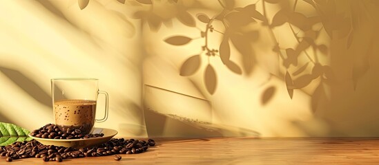 Aufkleber - A cozy morning setting with a wooden surface featuring coffee beans, an empty cup, and a glass, against a warm, light yellow background with copy space image.