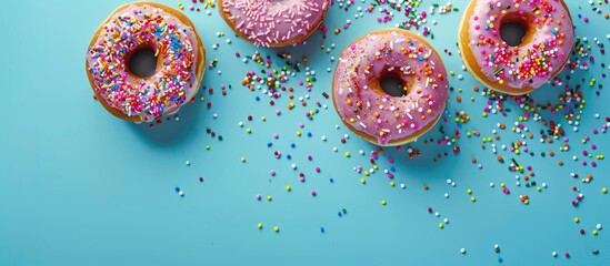 Poster - A blue background enhances donuts topped with colorful sprinkles, creating an appealing copy space image.