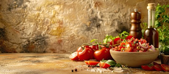 Poster - Panzanella salad with tomato, onion, and vegetables on a table with a copy space image as a food background.