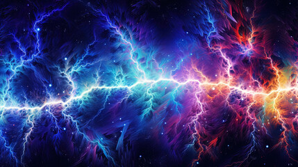 Wall Mural - Fractal line of colorful lightning bolts. Abstract energy burst background.