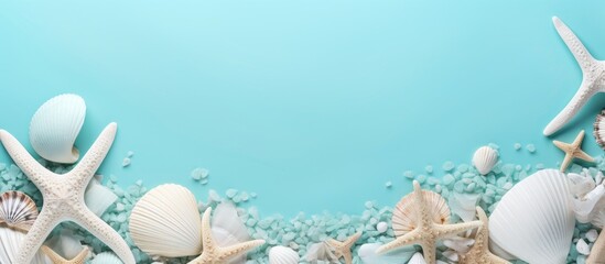 A trendy aquamarine sea shell with starfish and shells arranged in a frame on a summer-themed backdrop seen from above with a copy space image.