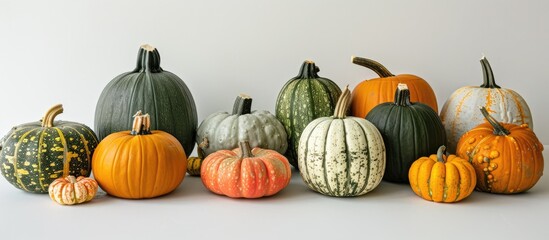 Poster - Various pumpkins arranged in front of a blank backdrop create a visually appealing copy space image.