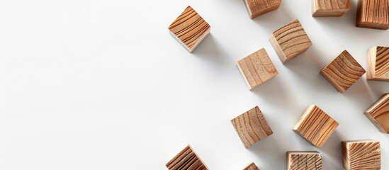 Wall Mural - Natural wood cubes on white backdrop with space for text.