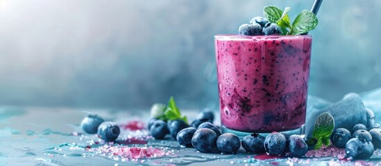 Poster - Grey background with a blueberry smoothie in a glass, providing ample space for text in the image.