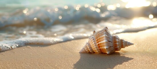 Poster - Seashell on the sandy shore with copy space image available.