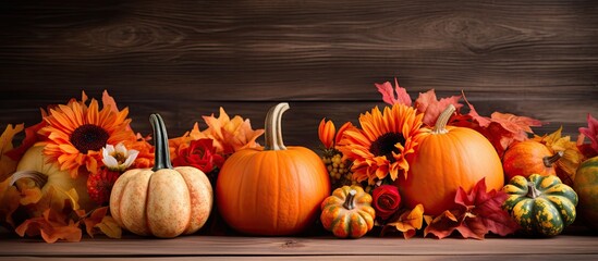 Aufkleber - Thanksgiving and Halloween themed autumn decorations featuring pumpkins, flowers, fall leaves, and a copy space image.