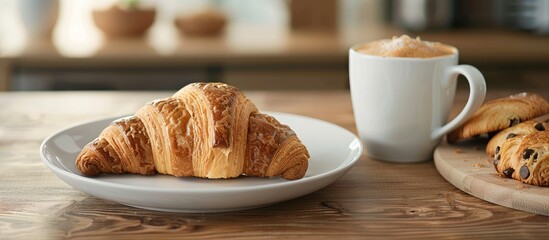 Poster - A croissant and a cookie are displayed on a plate on the table with a copy space image available.