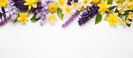 Leinwandbilder - A spring-themed flat lay arrangement with yellow and purple flowers on a white background, representing the concept of both spring and Easter, with copy space image available.