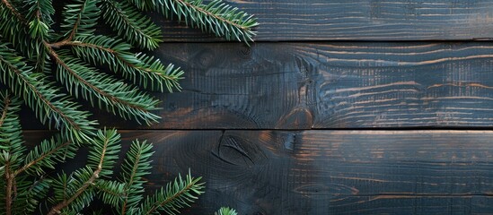 Fototapete - A festive arrangement featuring Christmas pine tree branches on a dark wooden table offers space for adding text or images. Ideal for holiday-themed content with a natural touch.