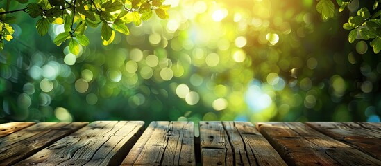 Poster - Abstract blurred green tree bokeh in the background of a wooden table with copy space image.