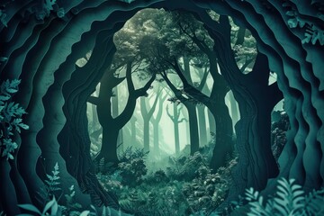 Wall Mural - Layered paper cutout effect creating a deep forest scene, offering depth and texture.