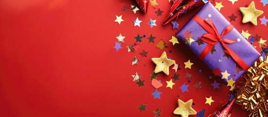 Poster - Golden and purple star-shaped confetti and a wrapped present, party hats against a red backdrop, with room for text or design in a copy space image.