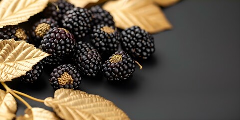 Wall Mural - Exquisite Black Mulberry with Gold Leaves on a Dark Background for Food Design. Concept Food Styling, Black Mulberry, Gold Leaves, Dark Background, Exquisite Design