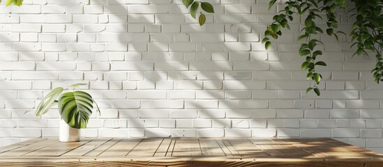 Aufkleber - Mockup scene with empty copy space image on a wooden surface against a white brick wall background, illuminated by natural lighting for product presentation.