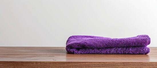 Aufkleber - A purple cloth or towel lies on a brown table, isolated against a white backdrop with a copy space image.