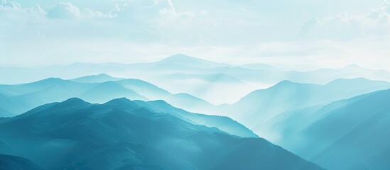 Poster - An ideal mountain setting with a sky backdrop, a horizon line, and a blank area for text; the image captures a serene blue-hued scene with misty hills and valleys, perfect for adding copy.