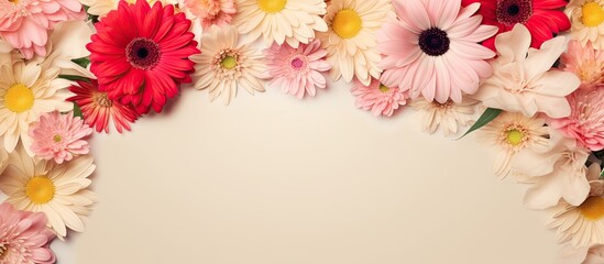 Sticker - Beige background with a banner adorned by gerbera and alstroemeria flowers, providing a lovely copy space image.