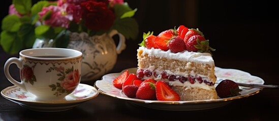 Poster - A delectable cake sits on a plate alongside a cup of tea and fruit, with plenty of copy space image.