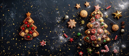 Sticker - Gingerbread cookie Christmas tree on a black backdrop with stars, surrounded by assorted holiday treats. Copy space image available for text.