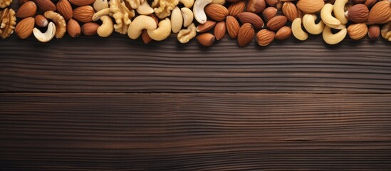 Wall Mural - Assorted nuts like cashews, almonds, and pecans displayed on a wooden table with a blank space for inserting an image.