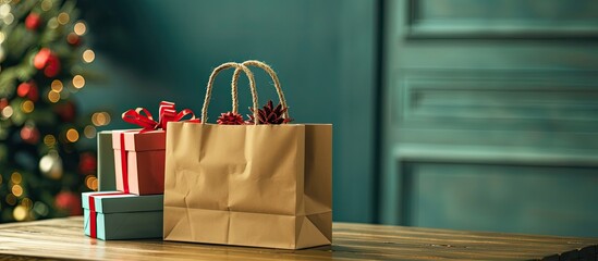 Poster - A table displays a paper shopping bag with handles brimming with gift boxes, serving as a mock-up for design with copy space image.