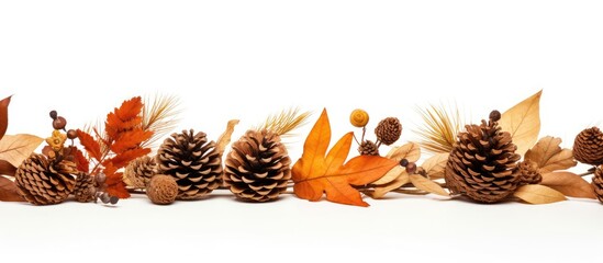 Aufkleber - A fall-themed arrangement of dried leaves and pine cones on a white backdrop, perfect for a copy space image.