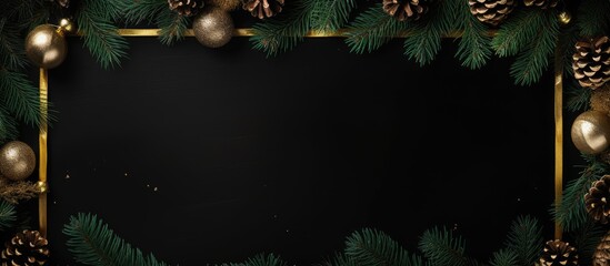 Poster - Top-down view of a Christmas and New Year-themed black backdrop adorned with fir decorations, offering ample room for customized text in an image.