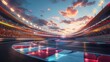 © thowithun - Circular asphalt racing track with cheering fans and illuminated floodlights Professional digital 3d illustration of racing sports, add copyspace for text