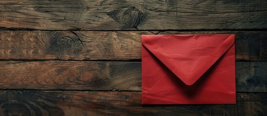 Aufkleber - A red envelope with a blank paper placed on top against a rustic wooden backdrop, creating a composition with copy space image.