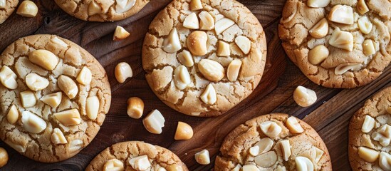 Poster - An aerial shot of white chocolate macadamia nut cookies with a copy space image.