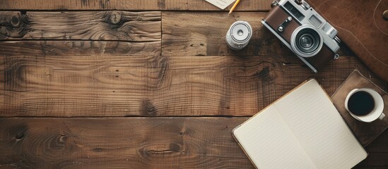 Poster - Wooden table viewed from above showcasing office supplies like a notebook, pencil, and vintage camera, with room for design elements in the image.