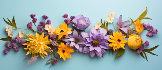 Leinwandbilder - A floral arrangement with yellow and purple flowers set on a soft blue backdrop, symbolizing spring and Easter, presented as a flat lay with a top view and room for text or images
