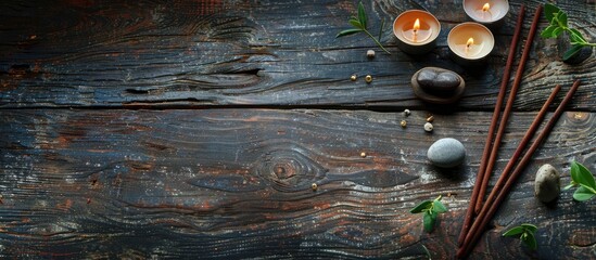 Sticker - A serene background featuring joss sticks, candlelight, stones, fresh leaves on wood, ideal for meditation, yoga, and well-being activities with copy space image available.