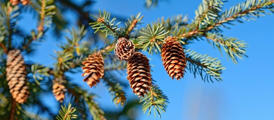 Poster - Spruce branches with needles and cones on a clear blue winter sky, highlighting numerous cones. A fir tree stands out in the background, ideal for a copy space image.
