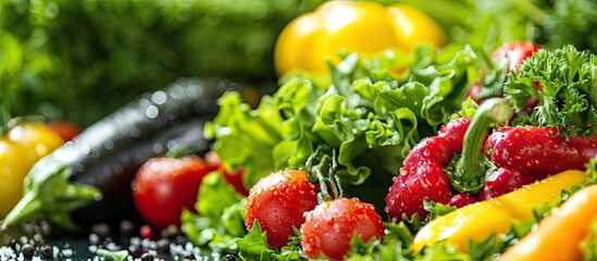 Wall Mural - Healthy food like a fresh vegetarian salad with greens and vegetables presented on the table, featuring a copy space image.