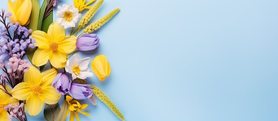 Leinwandbilder - A floral arrangement with yellow and purple flowers set on a soft blue backdrop, symbolizing spring and Easter, presented as a flat lay with a top view and room for text or images