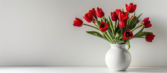 Poster - Elegant arrangement of red tulips in a vase on a white background with copy space image.