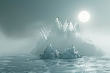 Wall Mural - Minimalist ice landscape, with sharp, clear icebergs rising from a misty sea under a pale moonlight.