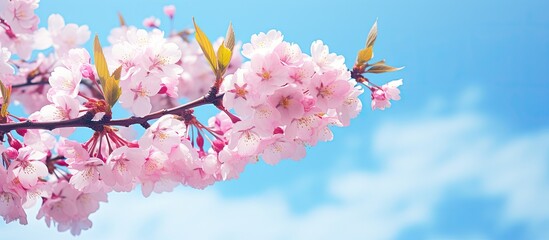 Sticker - Cherry blossoms on a sakura tree blooming against a blue sky with a close-up view and space for text or images.