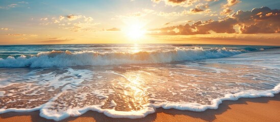 Poster - Sunset or dawn at the beach with waves over hot sand offers a serene summer backdrop with room for text or ads within the image.