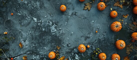Poster - A Halloween-themed background with pumpkins on a stone surface seen from above, featuring a blank area for text in the image.