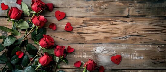 Canvas Print - A lovely arrangement of red roses and hearts on a wooden surface, ideal for Valentine's Day festivities, featuring ample room for text or images alongside.