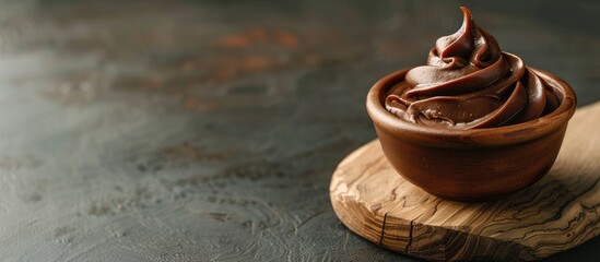 Poster - On a gray background, a wooden board displays a bowl of homemade chocolate hazelnut cream with ample copy space image.
