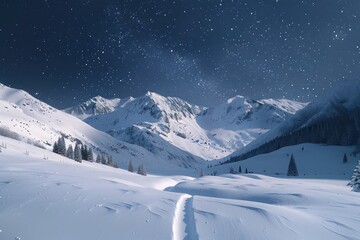 Wall Mural - Minimalist snowy mountain landscape under a starry night sky, combining nature with tranquility.