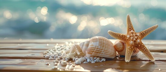 Poster - Starfish and shell on the light deck with copy space image.